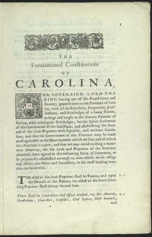 Fundamental Constitutions of Carolina, first page.