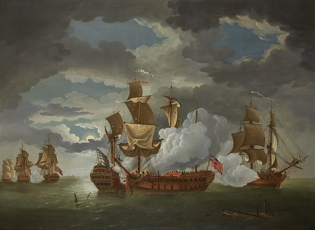Painting of the Battle of Flamborough Head. The Bonhomme Richard and Serapis are pictured center, with the American ship on the left.