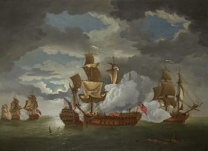 Painting of the Battle of Flamborough Head. The Bonhomme Richard and Serapis are pictured center, with the American ship on the left.