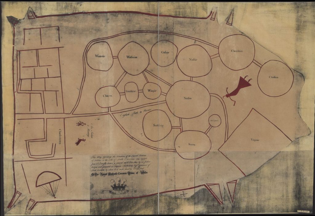 Catawba Deerskin Map depicting native tribe locations in the American south, provided to Governor Francis Nicholson in the mid-1720s.