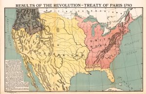 Map of the original borders of America under the Treaty of Paris.