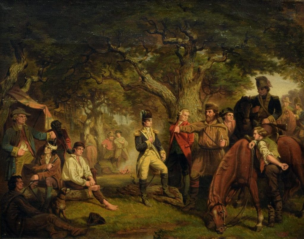 Painting showing Francis Marion and his men at Pee Dee Swamp in South Carolina.