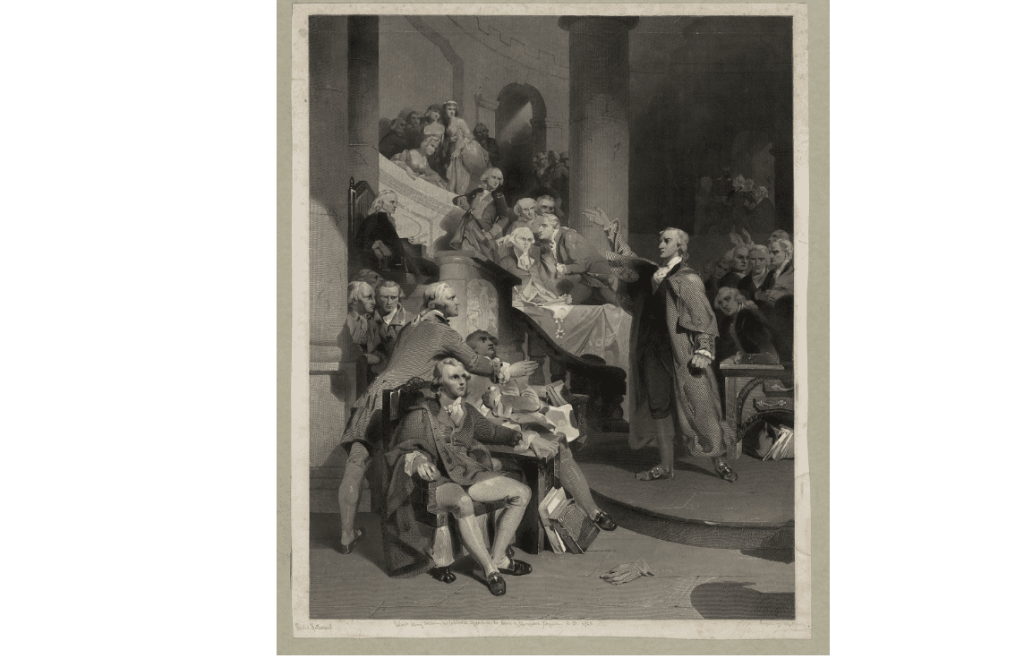 Patrick Henry speaking at the Virginia House of Burgesses on May 30, 1765, published 1852.