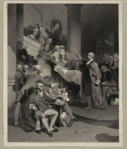 Patrick Henry speaking at the Virginia House of Burgesses on May 30, 1765, published 1852.