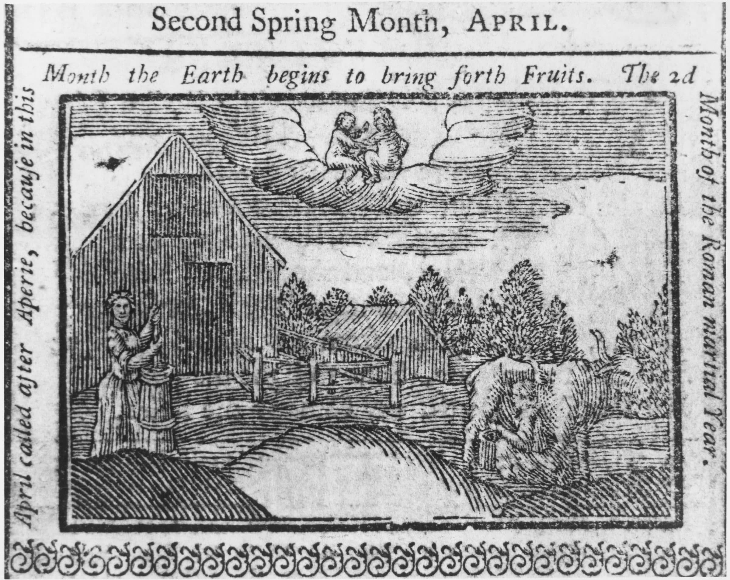 Historical etching of a farm in colonial New York.